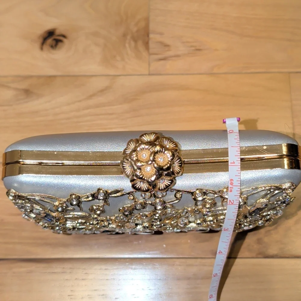 Silver Leather Clutch With Gold And Crystal Floral Embellishments
